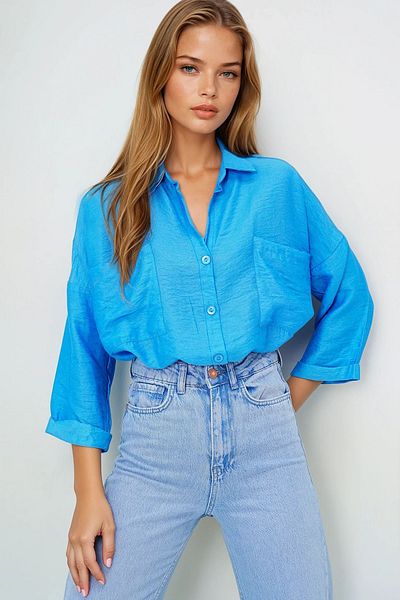VAGGON Women's Blue Double Pocket Oversize Woven Shirt Prmx13960