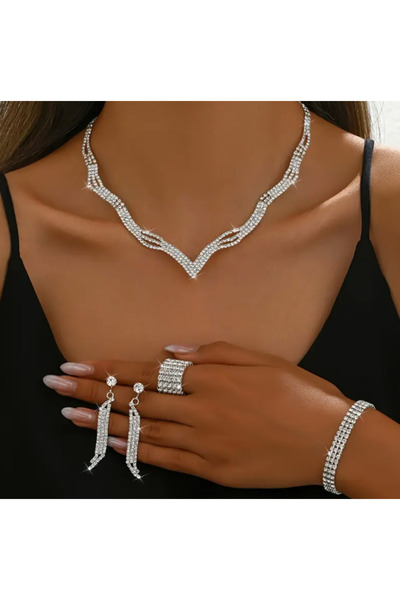 SE Jewellery Collection Selin Ersoy Gümüş Kaplama Su Yolu Taşlı Kolye Küpe Bileklik Yüzük Seti Düğün Nişan Parti Abiye Gerdanlık Seti