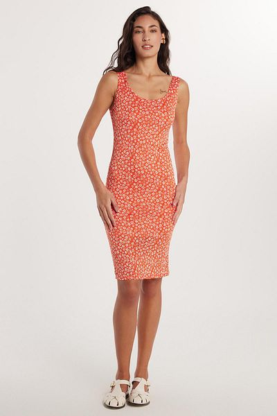 Tudors Rochie slim fit pentru femei, cu bretele groase, cu decolteu în U, imprimată
