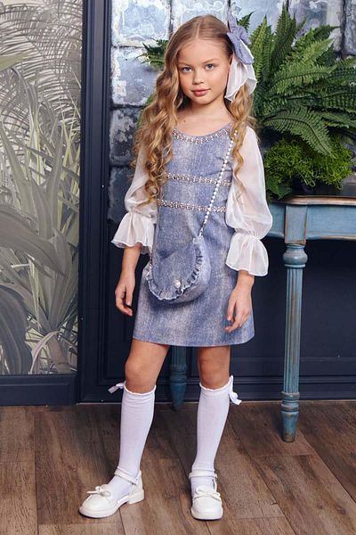 Riccotarz Girl's Gradient Blue Denim Dress with Pearl Ribbon Embroidered on the Collar and over