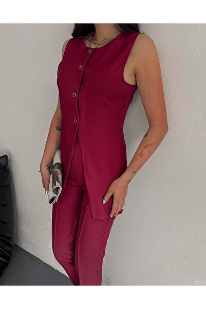 diaves Bordo Bisiklet Yaka Kolsuz Yelek Yüksek Bel Slim Fit Pantolon Double Kumaş İkili Takım
