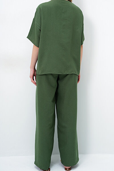 VAGGON Kadın Haki V Yaka Metal Gold Düğme Detaylı Aerobin Bluz Ve Pantolon Alt Üst Takım Prmx14122
