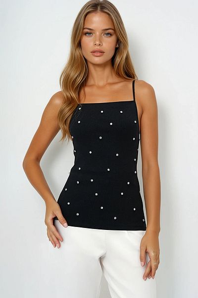 VAGGON Women's Black Square Collar Trok Stone Snap Fastener Rope Strap Blouse Prmx13884