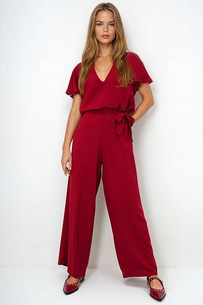 VAGGON Women's Burgundy V-Neck Flared Sleeves Self Belted Woven Summer Jumpsuit Prmx13787