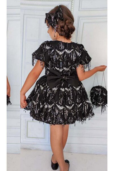 Riccotarz Kız Çocuk Üzeri Pulpayet İşlemeli Püsküllü Parlak Siyah Elbise