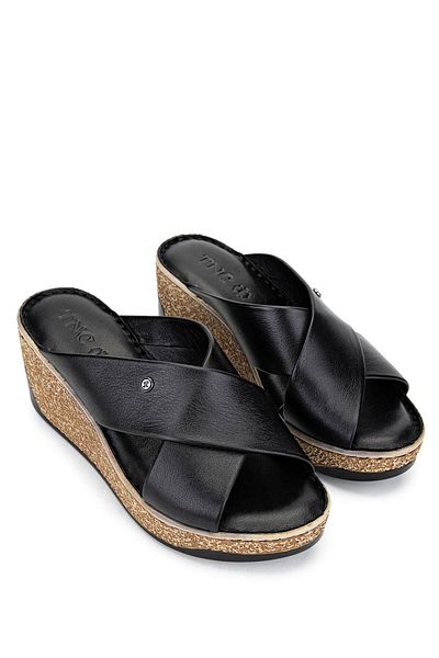 Tamer Tanca Women's Genuine Leather Black Heeled Slippers