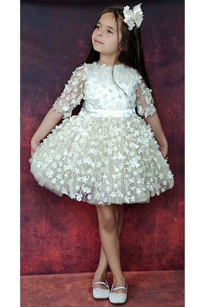 Riccotarz Girl's Cream Dress with Transparent Tulle Sleeves and Daisy Motif on the Waist and Ribbon Detail