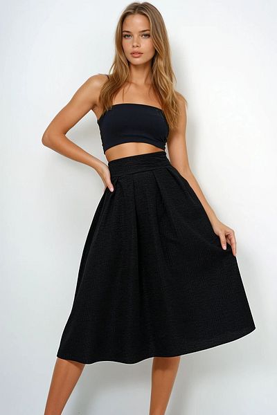 VAGGON Women's Black High Waist Wide Belted Midi Length Textured Skirt with Hidden Zipper Prmx13473