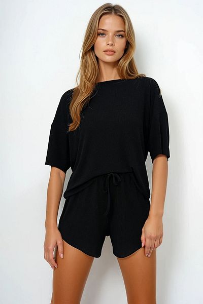 VAGGON Women's Black Wide Collar Textured Basic T-Shirt and Shorts Bottom Top Set Pjmx13915