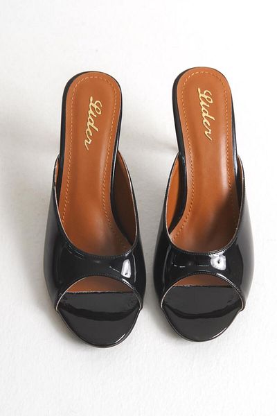 LDR Women's Black Patent Leather Thin Heeled Open Toe Slippers