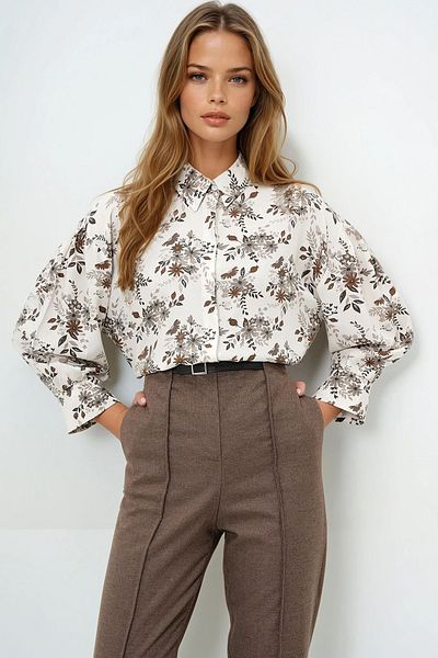 VAGGON Women's Brown Floral Balloon Sleeve Patterned Printed Viscon Woven Shirt Prm0722