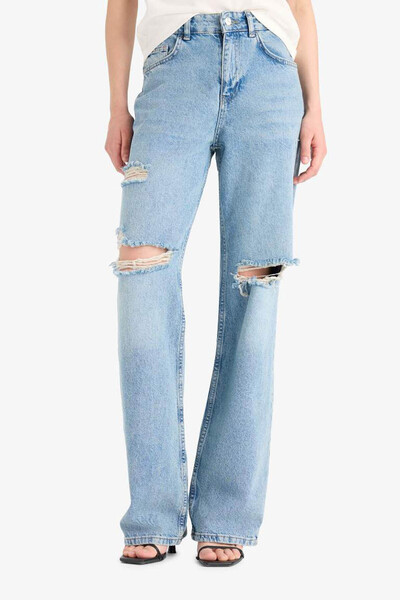 DeFacto Straight Wide Ripped Detailed Blue Women's Jean Pants E8016Ax/Nm28
