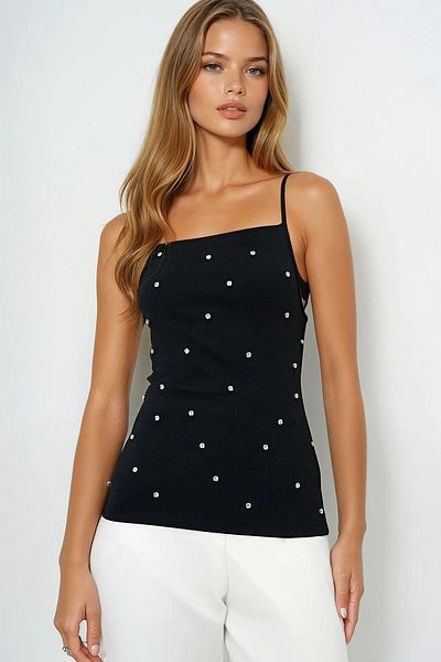 VAGGON Women's Black Square Collar Trok Stone Snap Fastener Rope Strap Blouse Prmx13884
