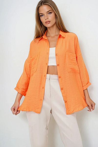 VAGGON Women's Orange Double Pocket Oversized Woven Shirt Prmx13960