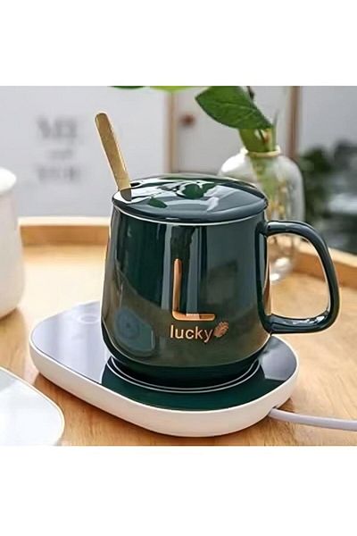 Generic Desktop Coffee Cup Heater With Lid And Gold Spoon, 380.0ml 15.0w Luck 367 Dark Green