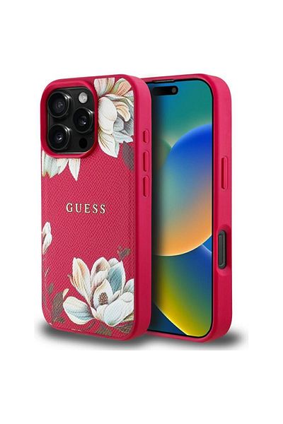 REDz Accessories Husă Guess pentru iPhone 16 Pro, compatibilă cu Magsafe, model cu logo clasic Grained Flowers, fucsia