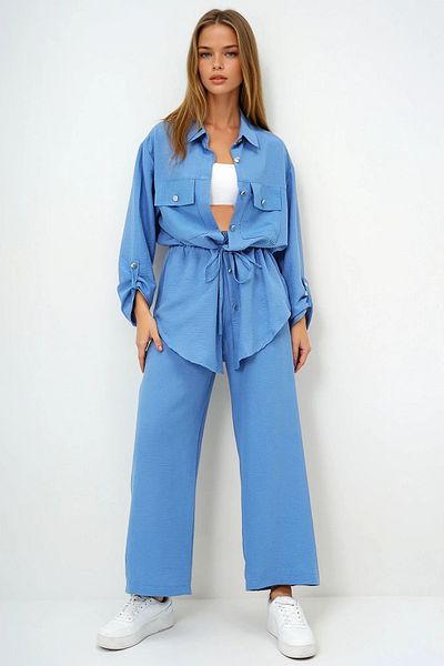 VAGGON Set de jachetă safari cu buzunar dublu indigo pentru femei și pantaloni aerobin cu picioare largi cu talie elastică Ymx8448