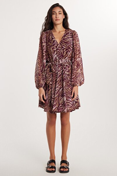 Tudors Kadın Standart Fit Uzun Kollu Lastikli V Yaka Kloş Elbise