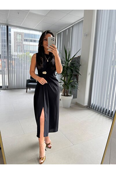 caddstore My 3718 Siyah Broş Detaylı Krep Elbise