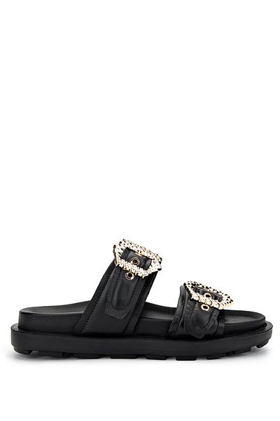 Tamer Tanca Women's Genuine Leather Black Leather Flat Slippers