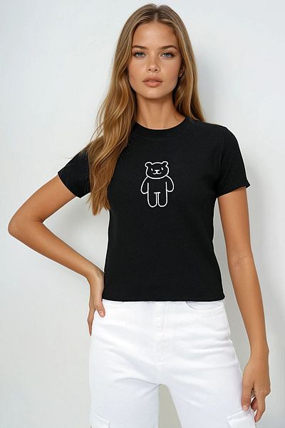 VAGGON Women's Black Crew Neck Teddy Bear Embroidered Ottoban Crop T-Shirt Prmx13917