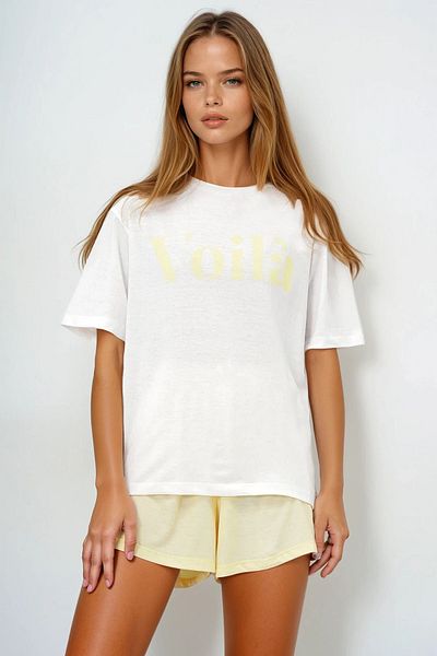 VAGGON Women's Butter Yellow Front Text Printed Cotton Basic T-Shirt and Shorts Combed Cotton Bottom Top Set Pjmx13902