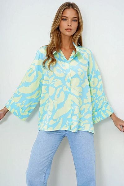VAGGON Women's Green Blue Digital Printed Oversize Double Sleeve Premium Woven Shirt Prmx13953