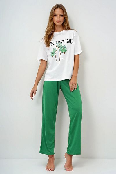VAGGON Women Dark Green Bicycle Neck Printed T-Shirt and Solid Color Pants Pajamas Set Pjmx13883