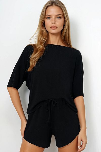 VAGGON Women's Black Wide Collar Textured Basic T-Shirt and Shorts Bottom Top Set Pjmx13915