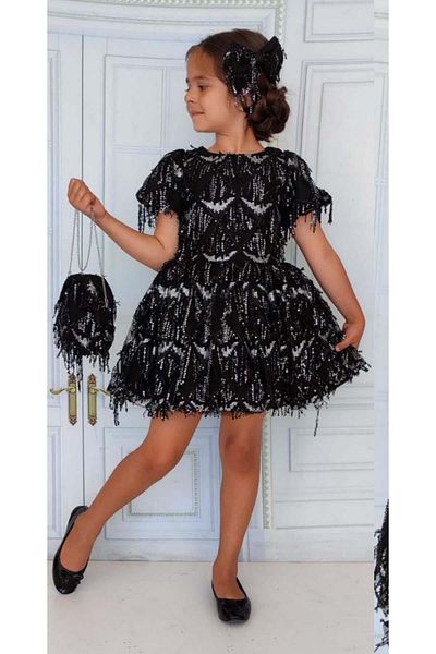 Riccotarz Girl's Sequined Embroidered Tasseled Shiny Black Dress