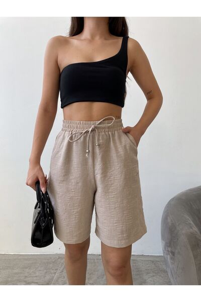 Swan Woman Beli Lastikli Visko Keten Şort Yandan Cepli