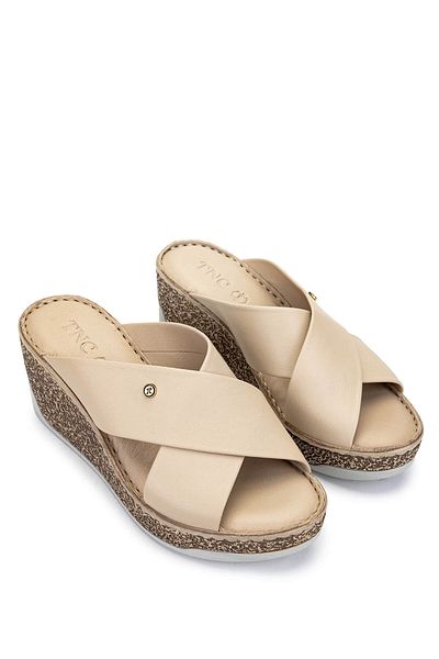 Tamer Tanca Women's Genuine Leather Beige Heeled Slippers