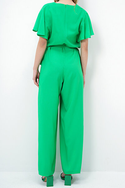 VAGGON Γυναικεία πράσινη φόρμα με λαιμόκοψη V με μανίκια με αυτοζώνη υφαντή καλοκαιρινή φόρμα Prmx13787