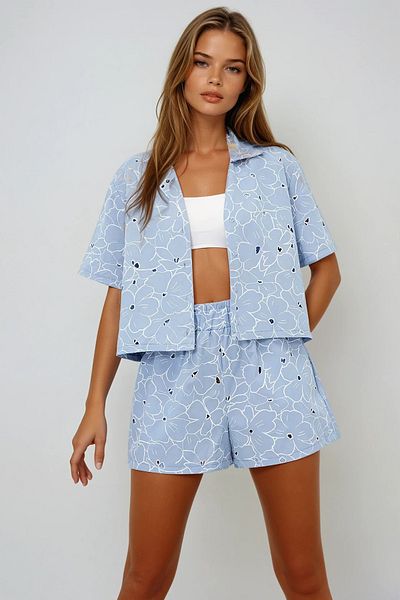VAGGON Laser Cut Perforated Crop Shirt and Shorts Bottom Top Set