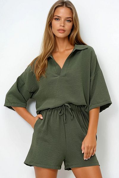 VAGGON Women's Khaki Polo Neck Aerobin Blouse and Shorts Set Prmx13947