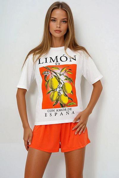 VAGGON Women's Orange Lemon Printed Cotton Basic T-Shirt and Shorts Pajama Set Pjmx13903