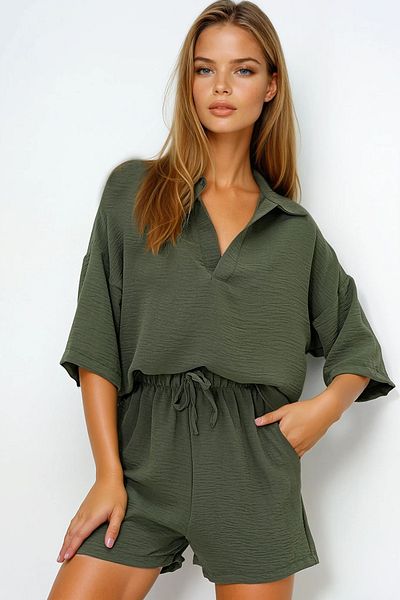 VAGGON Women's Khaki Polo Neck Aerobin Blouse and Shorts Set Prmx13947