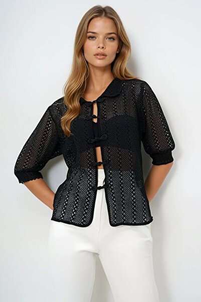 VAGGON Women's Black Baby Collar Princess Sleeve Knot Closure Summer Shirt Prmx13418