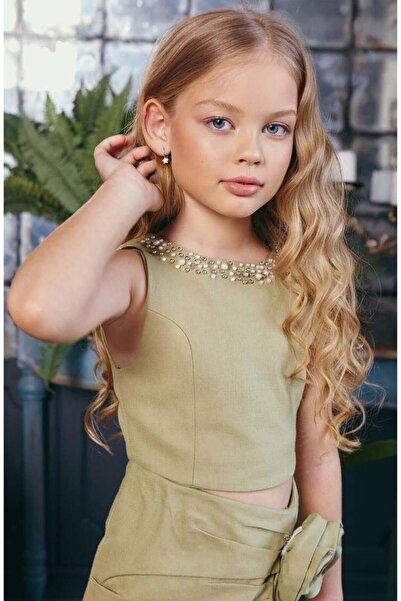 Riccotarz Girl's Zero Sleeve Pearl Embroidered Crop Asymmetric Cut Brooch Linen Olive Green Skirt Suit