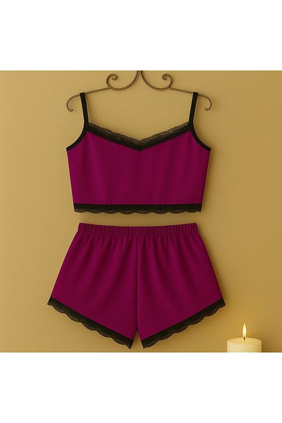 TURKUAZ KIDS Women's Velvet Shorts Suit, Strappy Elastic Waist Lace Shorts Suit