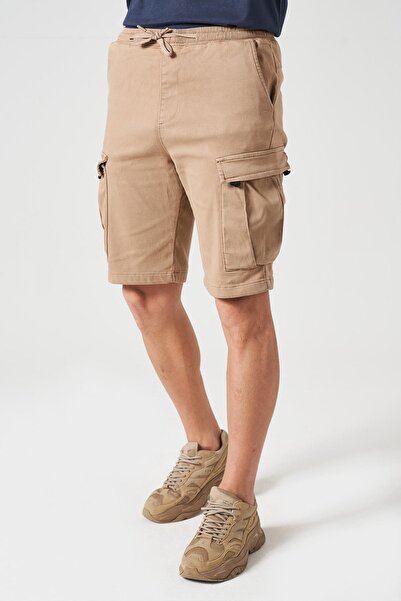 TENA Erkek Bej Beli Ribanalı Örme Parça Boya Kargo Şort
