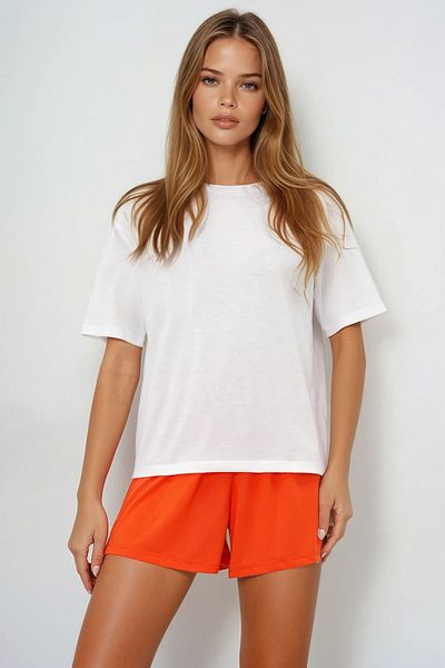 VAGGON Women's Orange Cotton Basic T-Shirt and Tie-Up Shorts Combed Cotton Bottom Top Set Pjmx13904