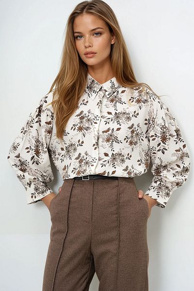 VAGGON Women's Brown Floral Balloon Sleeve Patterned Printed Viscon Woven Shirt Prm0722