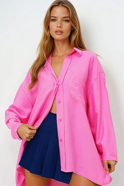 VAGGON Women's Fuchsia Single Pocket Oversize Aerobin Linen Shirt Prmx13911