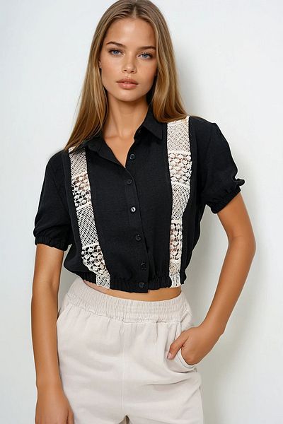 VAGGON Women's Black Aerobin Crop Shirt with Elastic Sleeves and Waist Ribbon Lace Detail Prmx13891