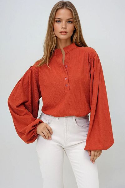 VAGGON Women's Tile Judge Collar Front Buttoned Balloon Sleeve Textured Shirt Blouse Prmx11872