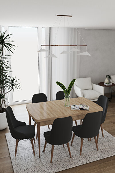 DEREN HOME Konfor Serisi 80x130 Açılabilir Masa 6 Adet Siyah Sandalye Masa Ta...
