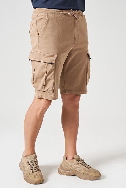 TENA Erkek Bej Beli Ribanalı Örme Parça Boya Kargo Şort