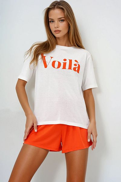 VAGGON Women's Orange Front Text Printed Cotton Basic T-Shirt and Shorts Combed Cotton Bottom Top Set Pjmx13902