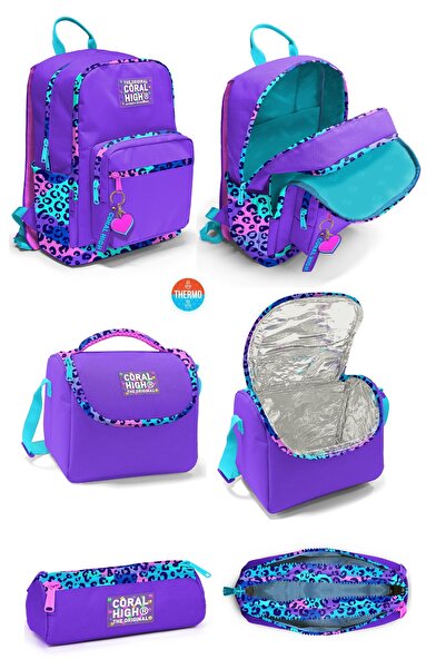 Coral High Mor Leopar Desenli Dört Bölmeli Okul Sırt Çantası Beslenme Çantası...